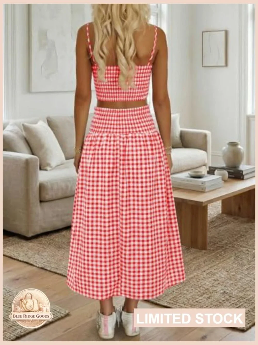 Gingham Crop Tank Midi Skirt Set Vacation Travel Outfits Matching Co Ord